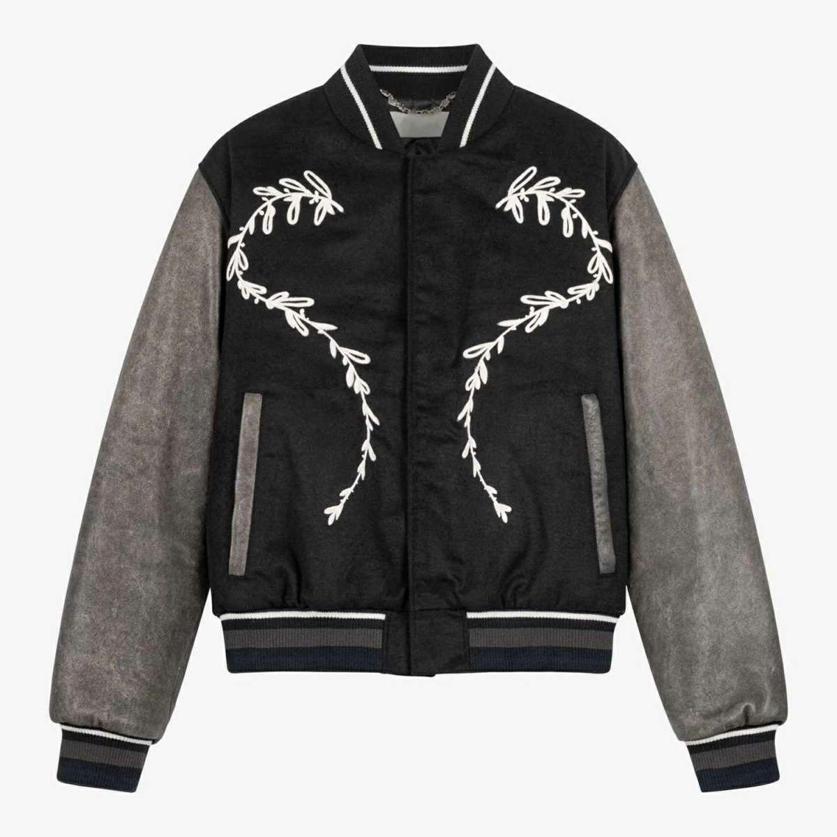 Black and Grey Vine Embroidered Varsity Jacket